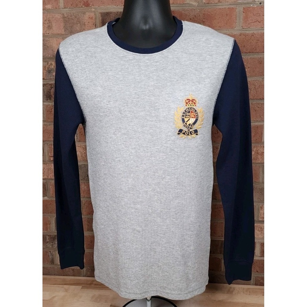 Polo Ralph Lauren Mens‎ Small Gray Navy Crest Patch Waffle Knit Thermal T-Shirt